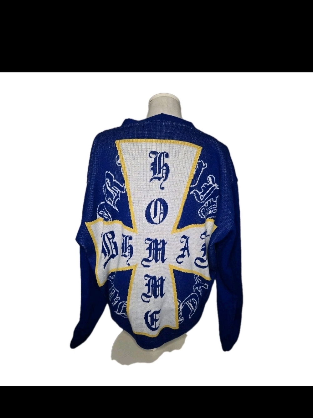 Royal Blue Graphic Cross Knit Cardigan with Yellow Trim